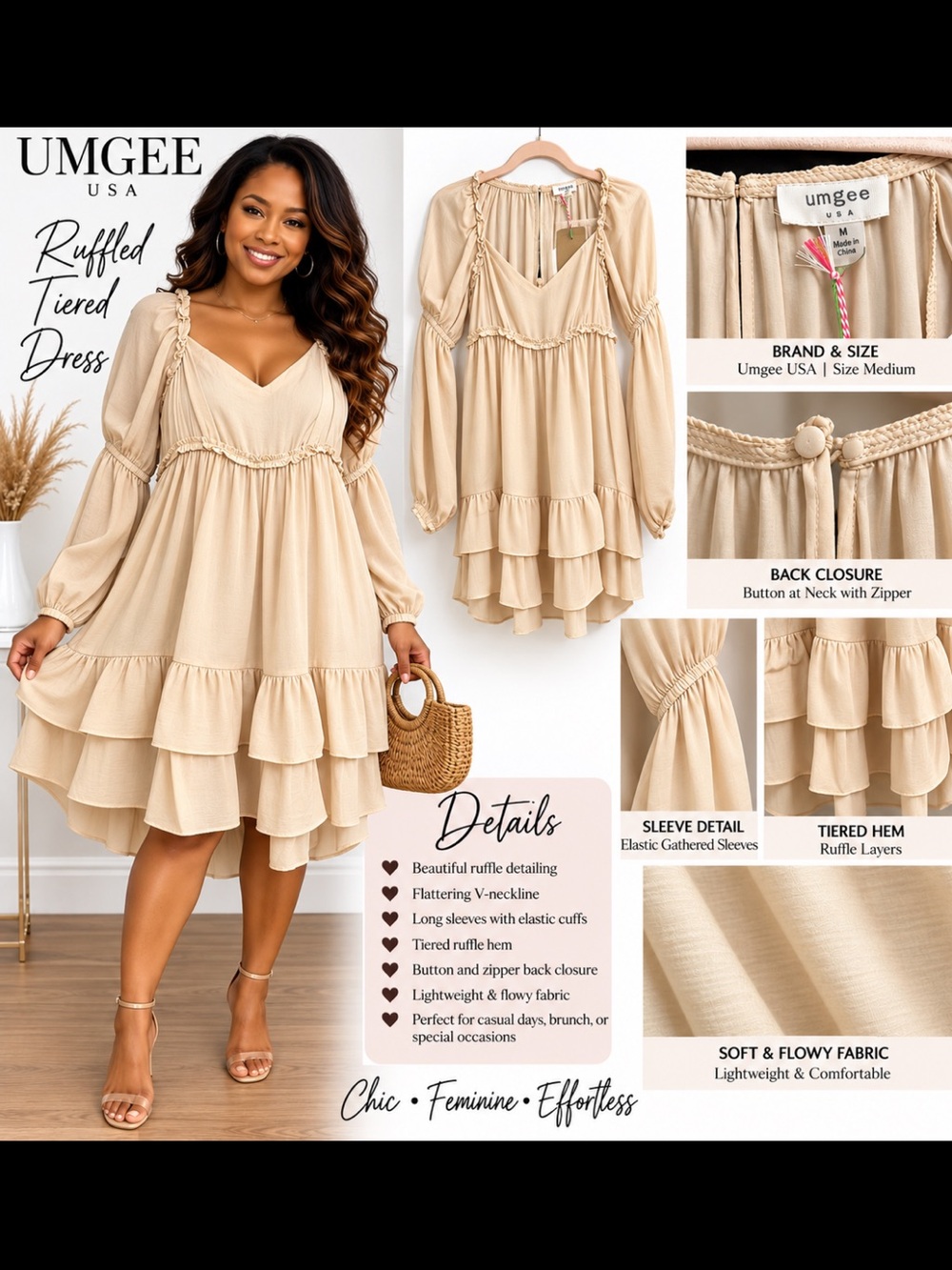 Umgee Beige Ruffled Tiered Long Sleeve Dress